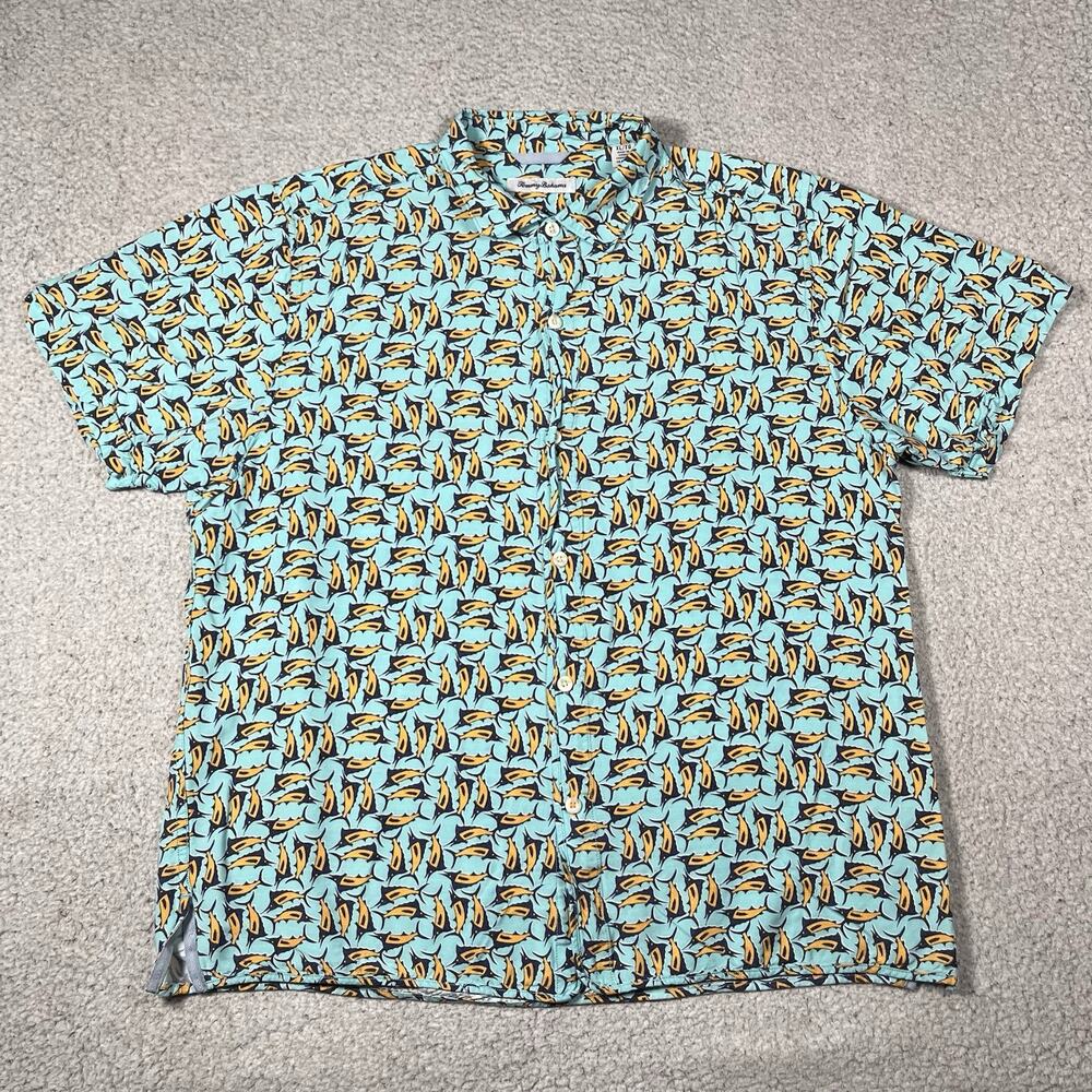Tommy Bahama Shirt Mens XL Button Marlin Fish Print Beach Rayon Hawaiian Aloha